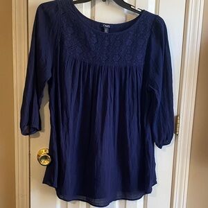 Chaps Navy 1x Blouse with Lace Design Details